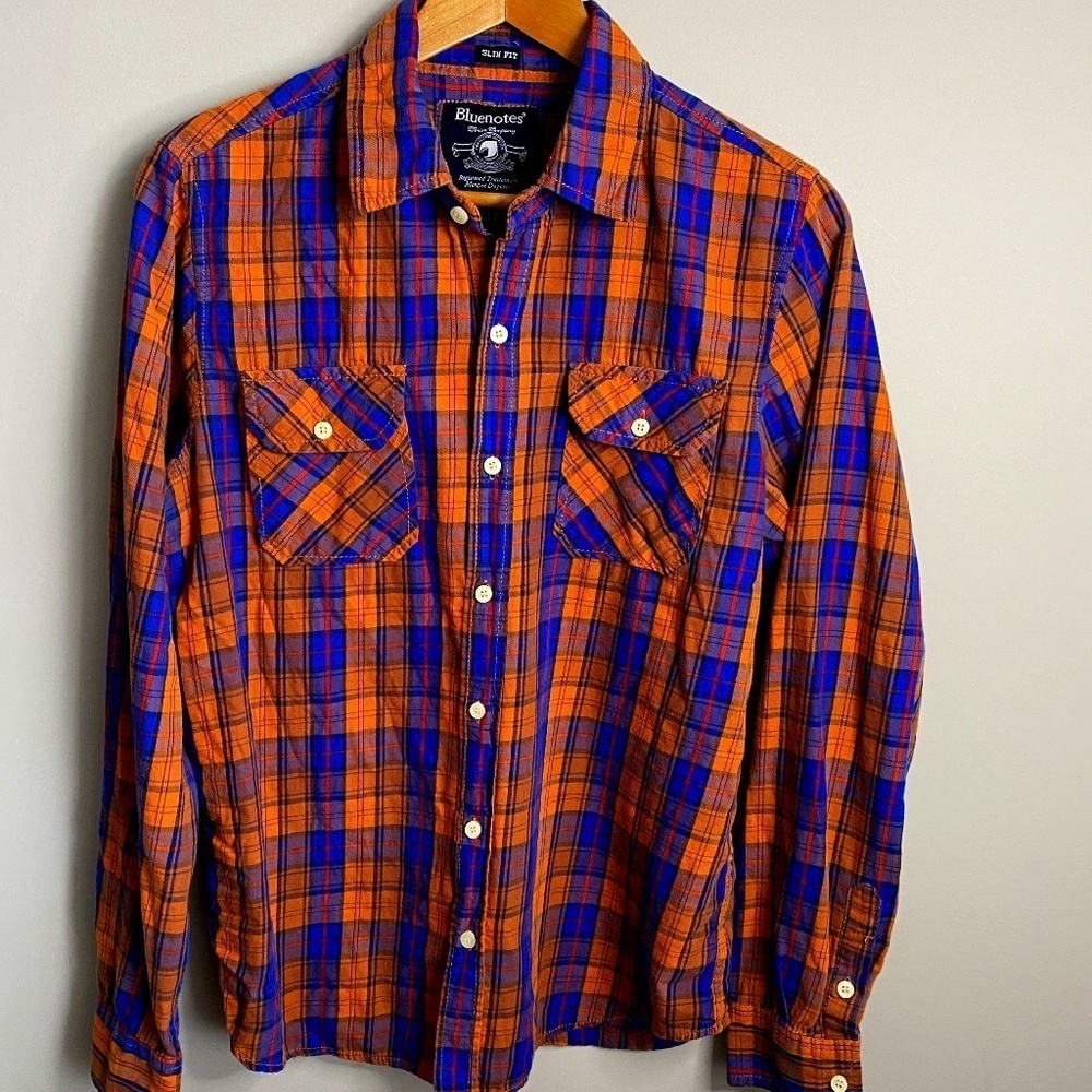 Bluenotes Men's Orange/Blue Plaid‎ Long Sleeve Button Up Shirt Size Medium